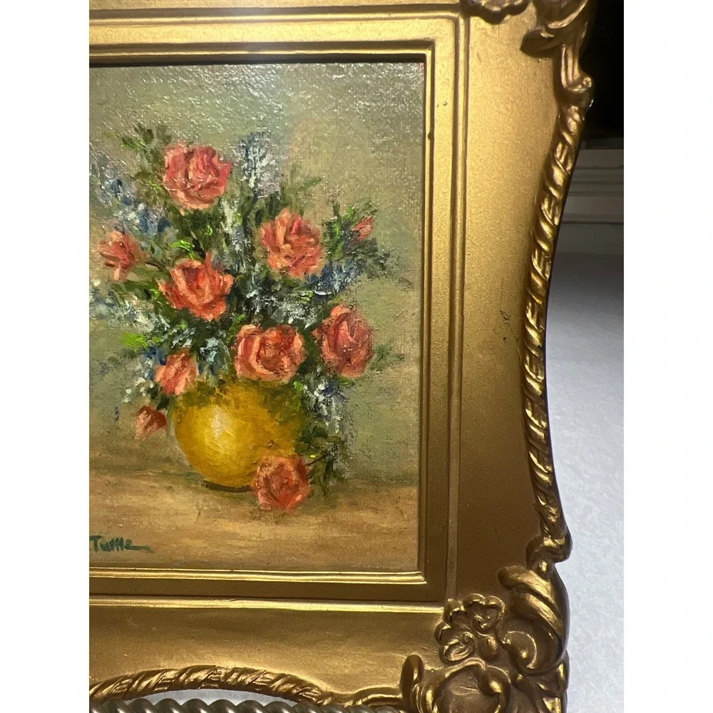 Vintage MCM Still Life Floral Painting Gold Ornate Mini Frame Regency 1964 USA